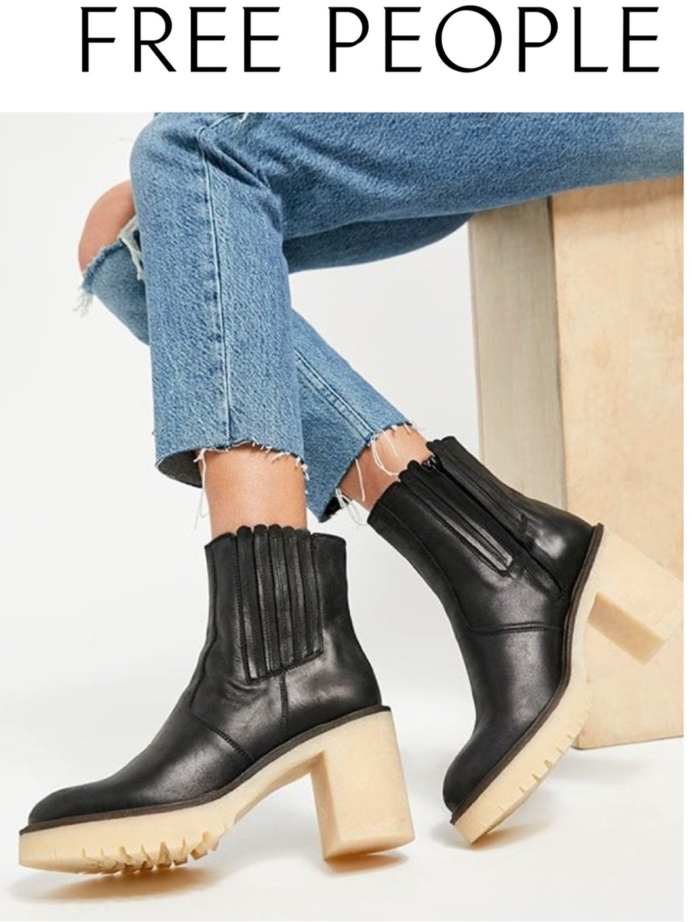 Free People Black Leather Ankle Boots with Cream Lug Sole